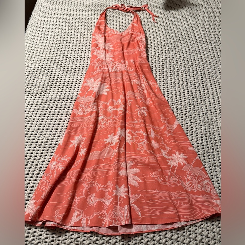 VINTAGE Harley-Davidson coral tropical print halter maxi dress XS